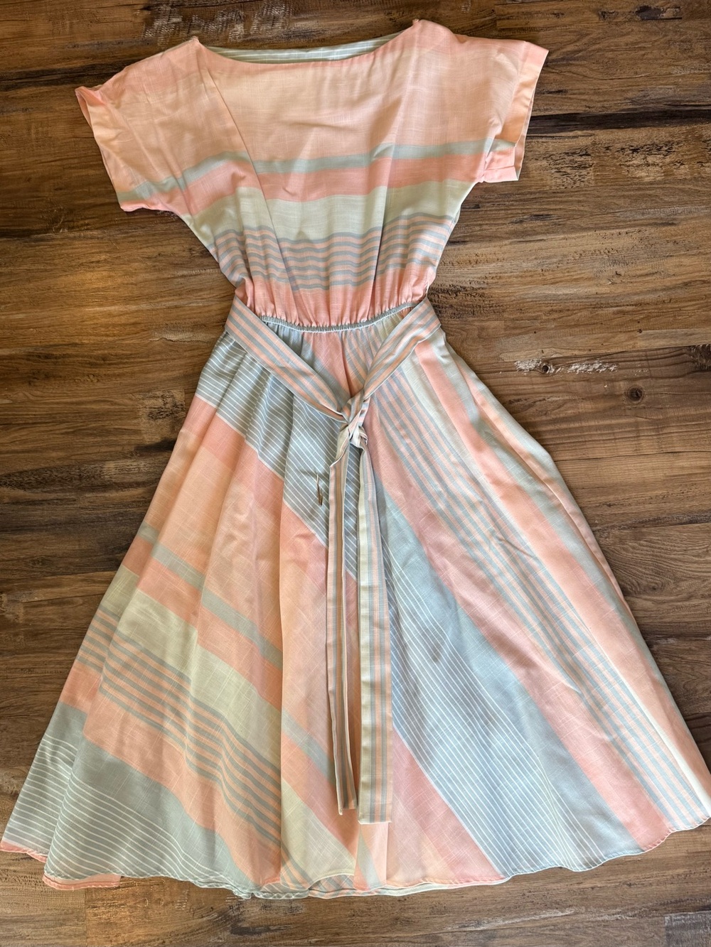 Vintage Sally Lou Dress Size 8 Pastel Striped Tie Waist Midi Cottagecore USA